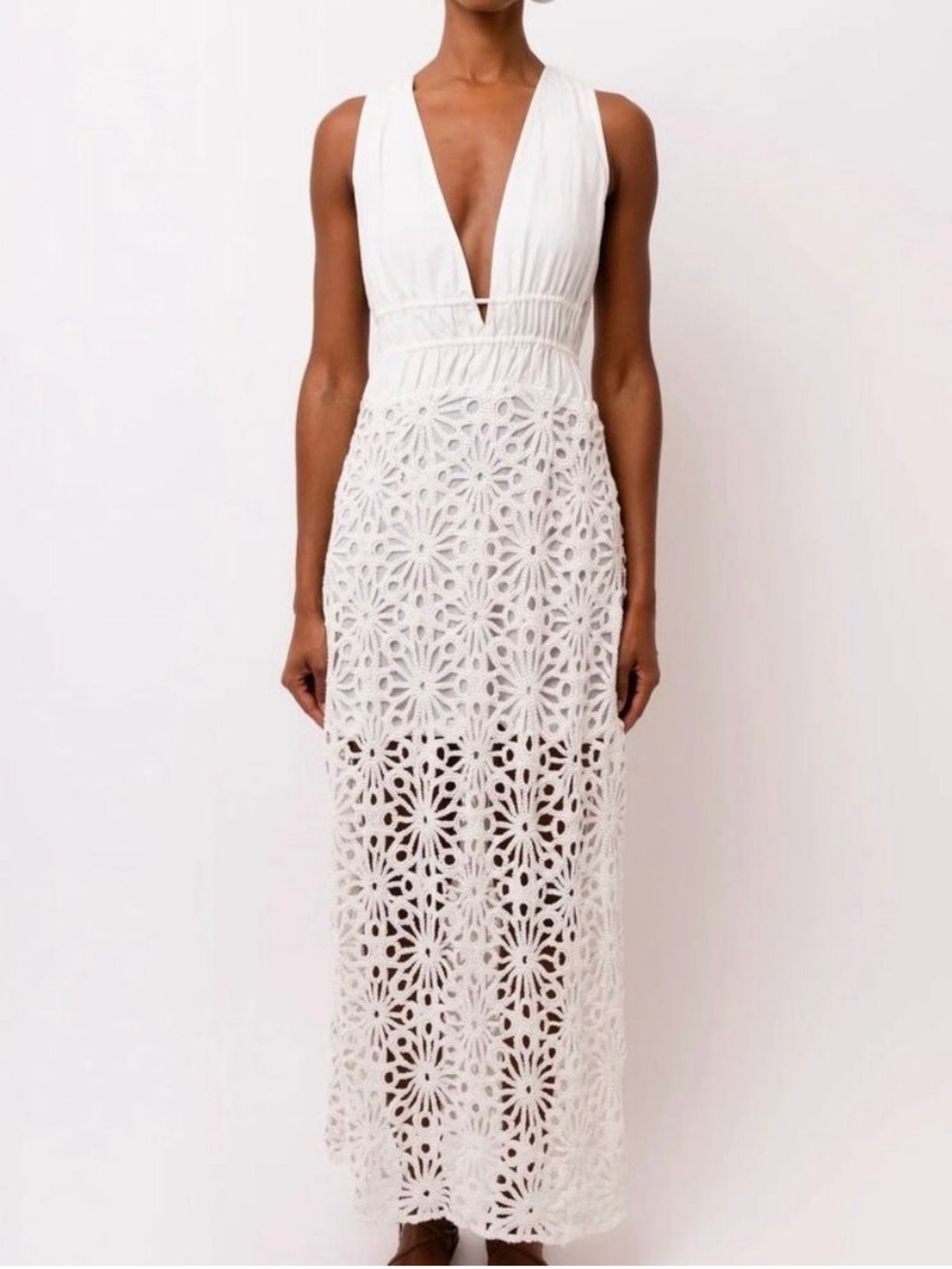 Amylynn Elegant White Crochet Maxi Dress with Plunge V-Neck